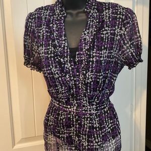 Purple, gray and black chiffon cap sleeve top with ruffled neck and cap sleeves